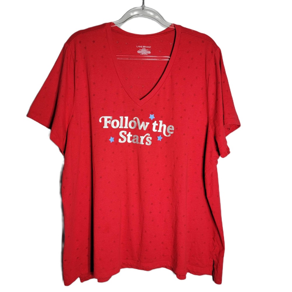 Lane Bryant Red Follow the Stars T Shirt Top Plus Size 26 28 Short Sleeve V Neck